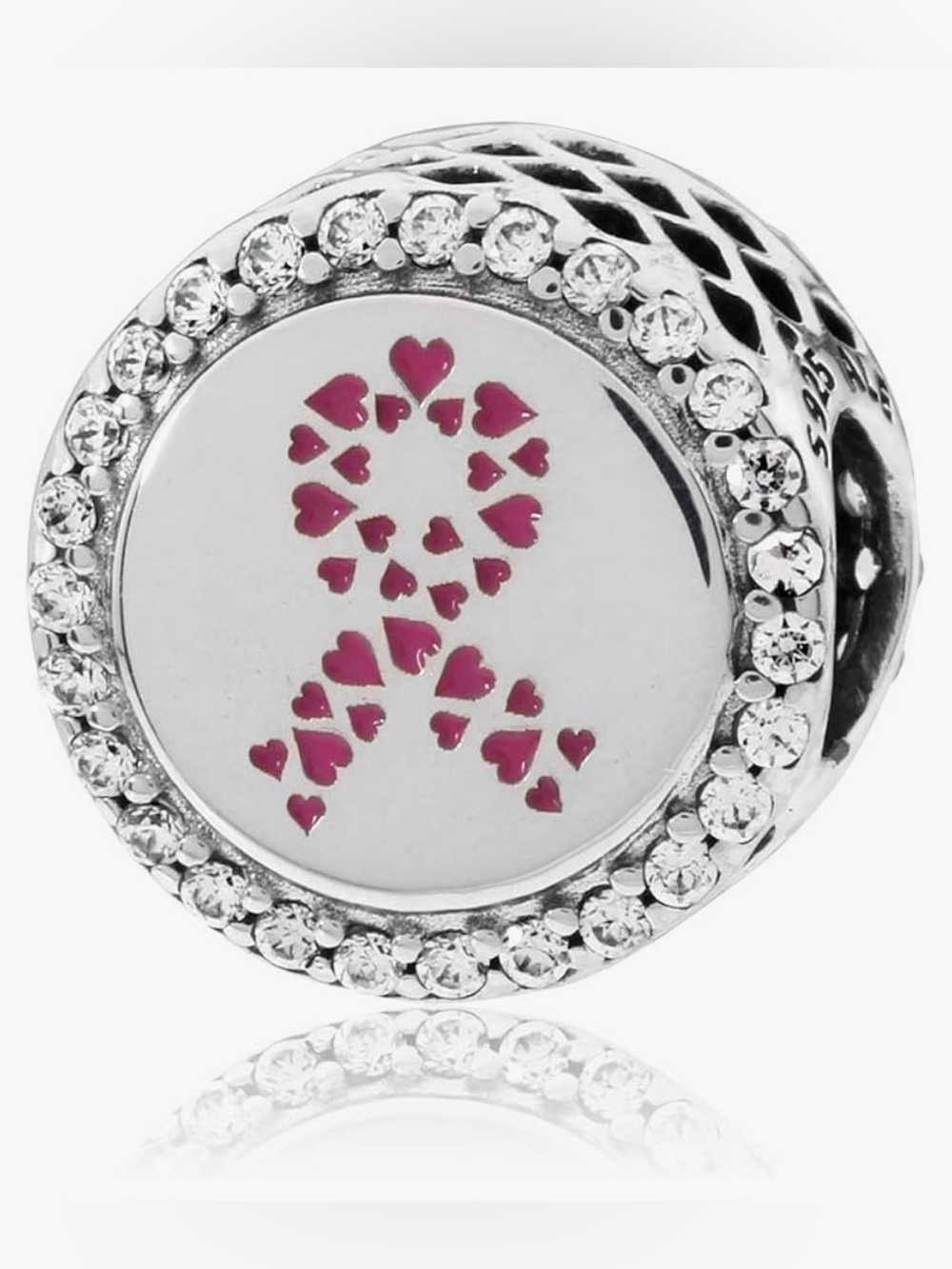 Pandora 925 Silver Charm with Pink Heart Ribbon and Clear Stones